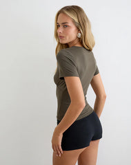 Yubis Short Sleeve Top in Cupro Dark Khaki