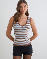 Lycia Plunge Top in Knit Stripe Blue and Brown