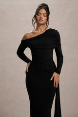 Valina | Black Ruched Asymmetric Maxi Dress With Drape