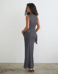 Mawa Maxi Dress in Brown with Compact Blue Polka Dots
