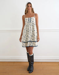 Gal Mini Dress in Ditsy Leaf Rose Navy