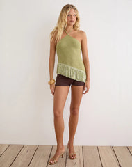 Masina Top With Fringe Hem in Sequin Knit Green