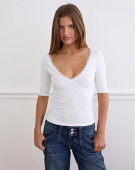 Sajiwa V Neck Top in White with Lace Trim