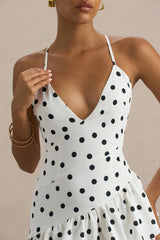 Bogota | Polka Dot Plunge-Neck Maxi Dress With Ruffling Details And Front High Split