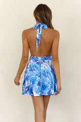 Tropical Dreams Floral Halter Mini Dress Blue