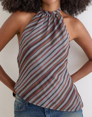 Astina Halterneck Top in Chiffon Grey and Maroon Diagonal Stripe