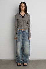 HOODED STRIPED TOP WITH SNAP FRONT DETAIL