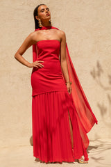 Kylie | Red High-Neck Maxi Dress With Chiffon Skirt