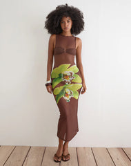 Fay Midi Dress in Brown with Green Dendrobium Flower