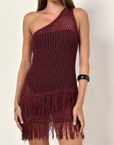 Meloka Asymmetric Fringe Mini Dress in Berry