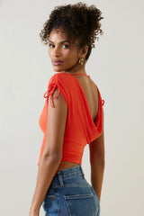 Asymmetric Ruched Cowl-Back Crop Top in Scarlet