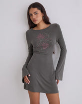 Sevila Long Sleeve Mini Dress in Cupro Diamante Flower Dark Grey
