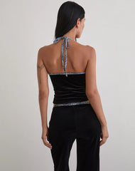 Solyn Halterneck Top in Black with Leopard Binding