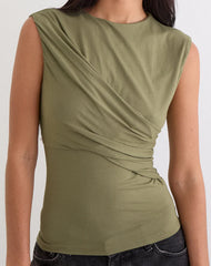 Otso Twist Wrap Top in Rayon Jersey Khaki