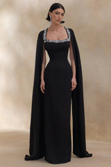Glossy | Black Woven Square-Neck Maxi Dress With Cape Sleeves and Hand-Embellished Detail
