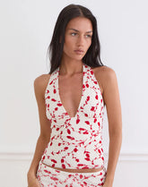 Corsita Top in Cream with Red Leafy Lily Flock