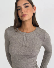 Zinta Long Sleeve Button Up Top in Ribbed Knit Grey
