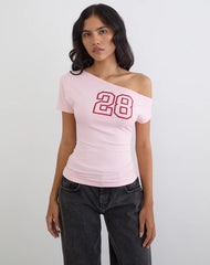 Danama One Shoulder Top in Rayon Jersey Light Pink with '28' Graphic