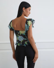 Selita Top in Black Chiffon with Crystal Flower Print