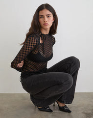 Sonam Long Sleeve Keyhole Top in Polka Lace Black