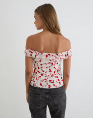 Switi Bardot Top in Cream with Red Leafy Lily Flock