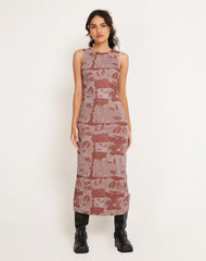 Roskila High Neck Mesh Maxi Dress in Botanical Bleed Warm Grey