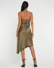 Kimora Midi Dress in Satin Dark Olive