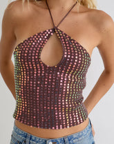 Kelabu Halterneck Top in Sequin Knit Dark Brown