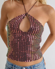 Kelabu Halterneck Top in Sequin Knit Dark Brown