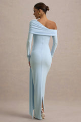 Valina | Powder Blue Ruched Asymmetric Maxi Dress With Drape