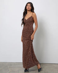Kalana Maxi Dress in Brown Swirl Flock
