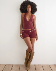 Grizel Halterneck Top with Pearl Trim in Cupro Burgundy
