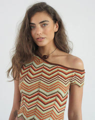 Aisling Off Shoulder Top in Green Multi Stripe