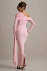 Valina | Pink Ruched Asymmetric Maxi Dress With Drape