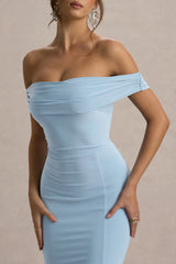 Law of Attraction | Powder Blue Bardot Draped Split Maxi Dress