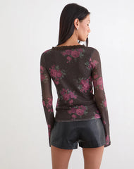 Yudo Top in Brown with Pink Polka Dots and Roses Print