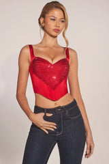 Sweetheart-Neck Lace-Up Corset Top in Cherry