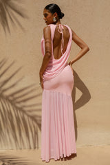 Meggie | Pink Plunge-Neck Twisted Maxi Dress With Chiffon Skirt