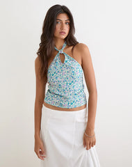 Giulia Knot Halterneck Top in Flower Power Blue