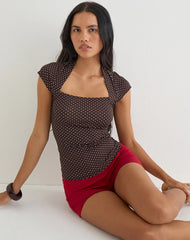 Yoi Top in Brown with Micro Polka Print