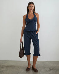 Tamzen Halterneck Top in Dark Navy with Frill Hem