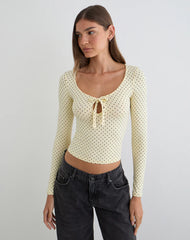 Kline Long Sleeve Tie Front Top in Rayon Jersey Micro Polka Cream