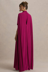Olessia | Burgundy Belted Gathered Cape-Sleeve Maxi Dress