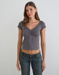 Obanai Short Sleeve V Neck Top in Charcoal Grey