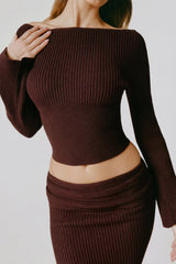 Ribbed-Knit Slash-Neck Top in Espresso