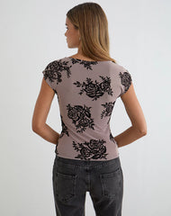 Nova Top in Taupe Grey with Bold Floral Flock