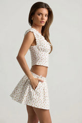 Ruched Cotton-Poplin Corset Top in Rose Print
