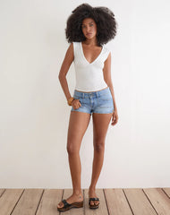 Emberly Plunge Top in White with Micro Polka Black