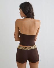 Orvio Halter Top in Brown with Embroidered Sequin Trim