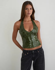 Cosio Halter Top in Mix Sequin Khaki